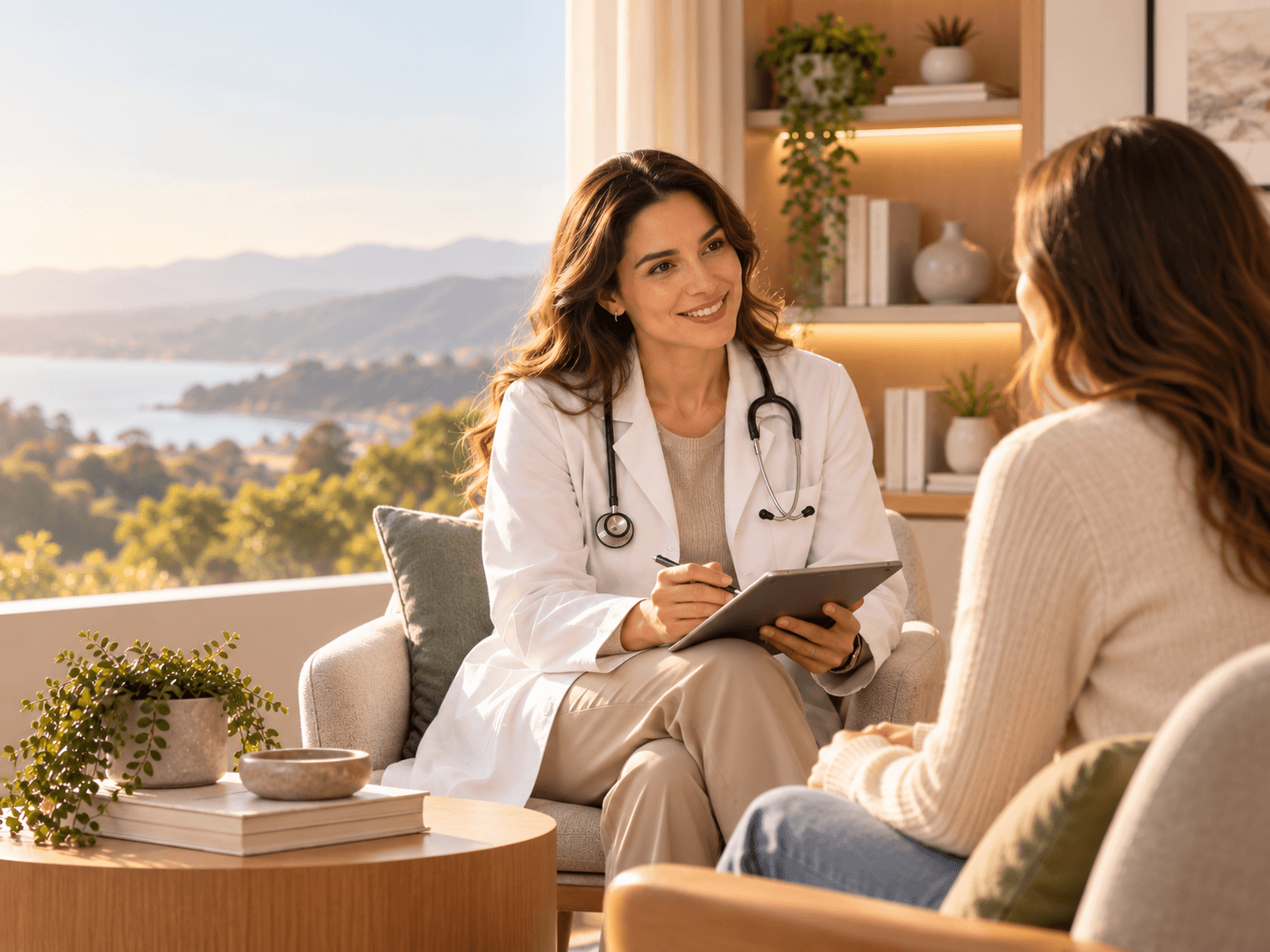 Médica conversa com uma paciente durante uma consulta